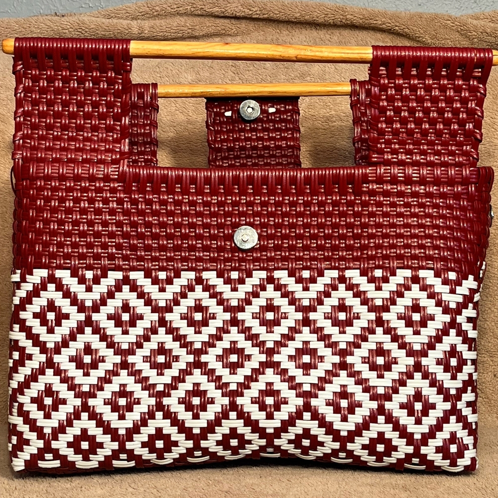 Red and White Woven Handbag with Wooden Handles